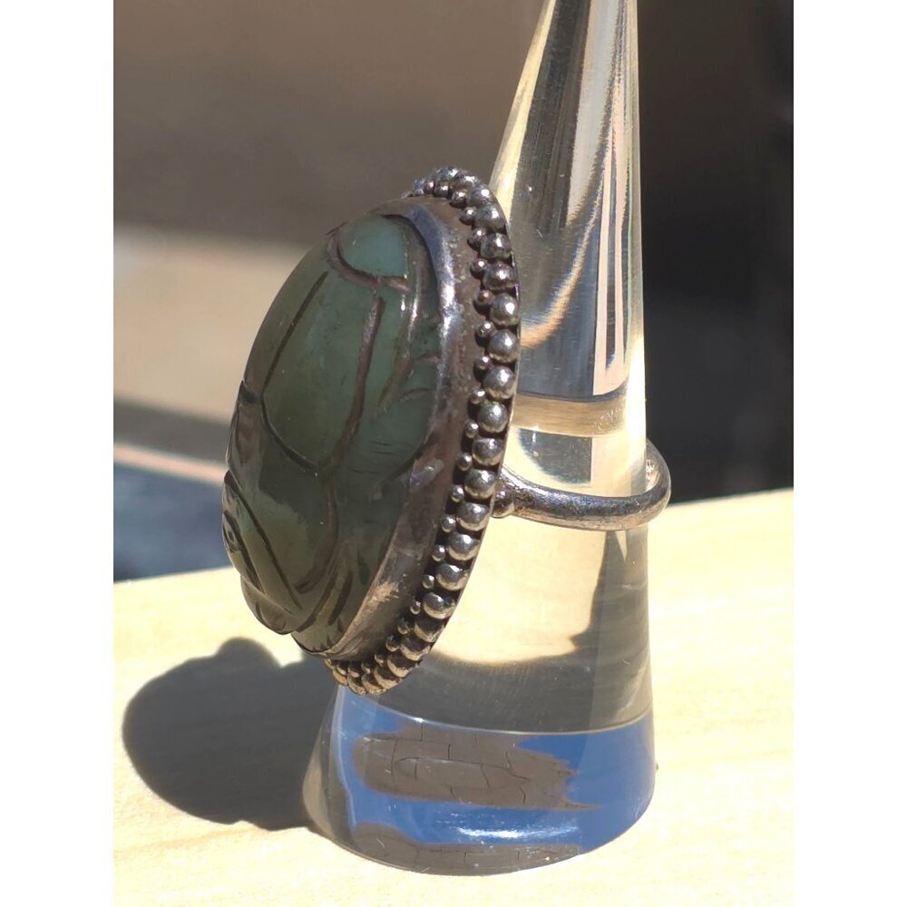 Vintage Green Scarab Ring Sterling Silver Beaded Size 6 Intricate Statement - Picture 5 of 13